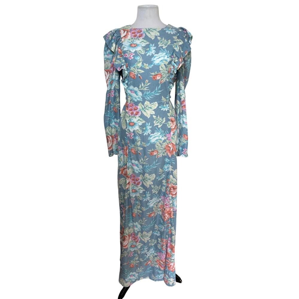 Vintage 80s Handmade Blue Floral Prairie Maxi Dress Ruffle Shoulder